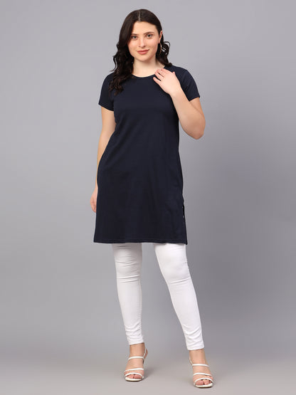 Women's Cotton Plain Round Neck Half Sleeve Long Top