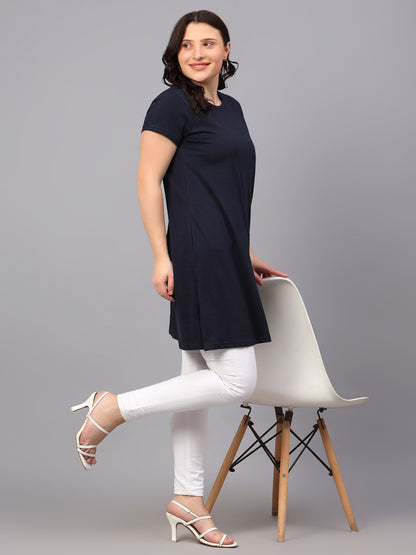 Women's Cotton Plain Round Neck Half Sleeve Long Top