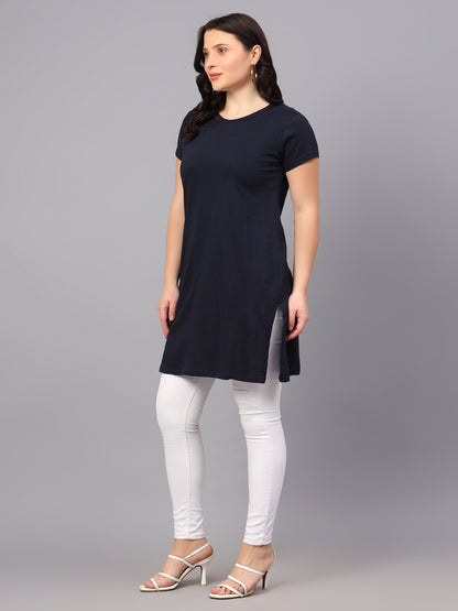 Women's Cotton Plain Round Neck Half Sleeve Long Top