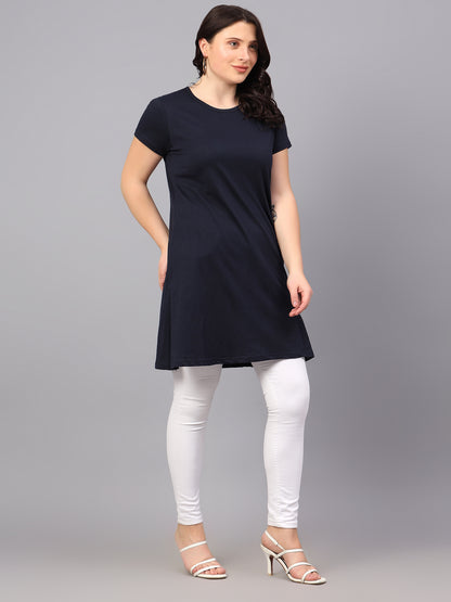 Women's Cotton Plain Round Neck Half Sleeve Long Top