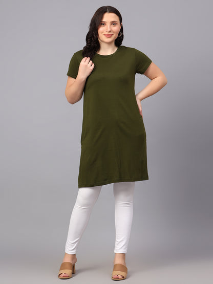 Women's Cotton Plain Round Neck Half Sleeve Long Top