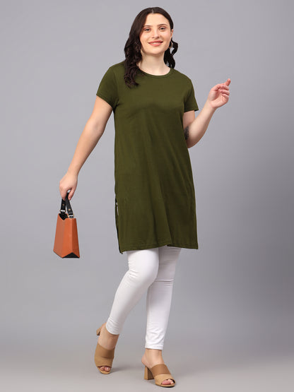 Women's Cotton Plain Round Neck Half Sleeve Long Top