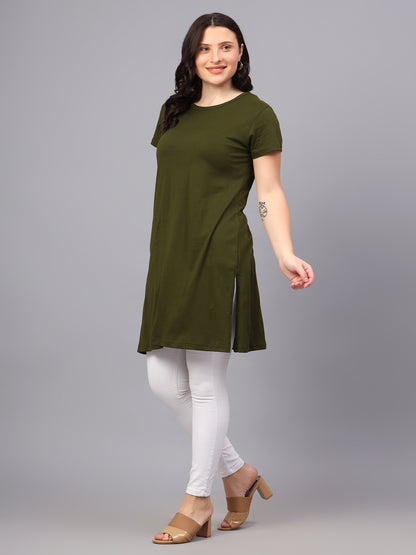 Women's Cotton Plain Round Neck Half Sleeve Long Top