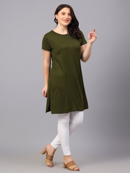 Women's Cotton Plain Round Neck Half Sleeve Long Top