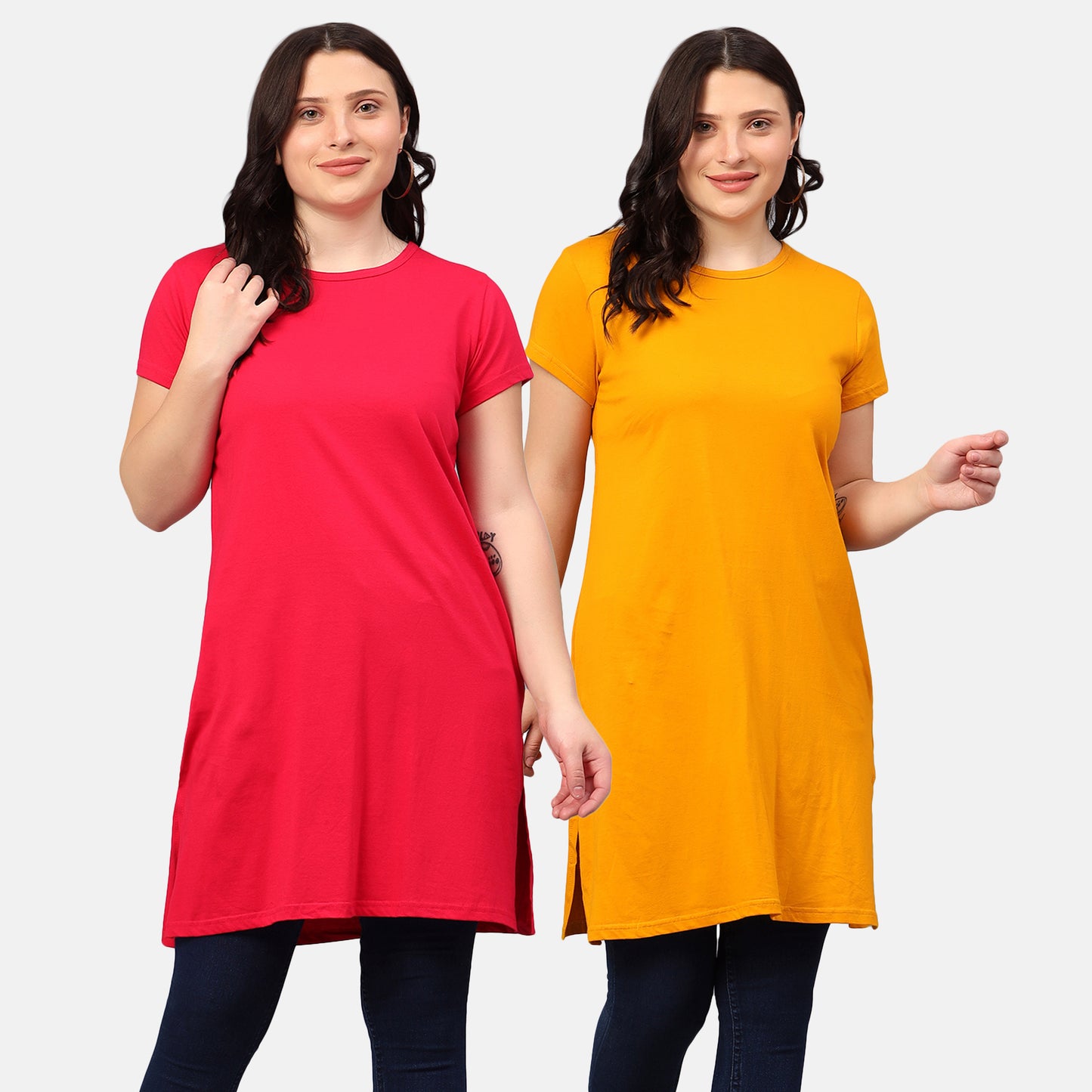 Women's Cotton Plain Round Neck Half Sleeve Long Top (Pack of 2)