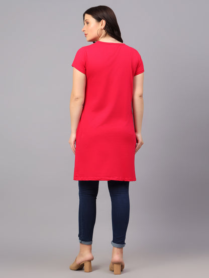 Women's Cotton Plain Round Neck Half Sleeve Long Top