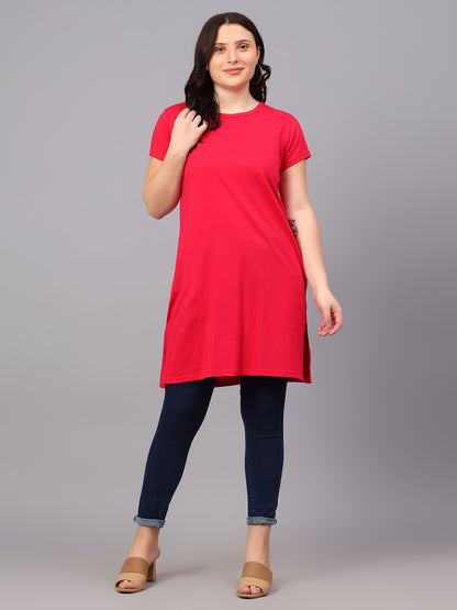 Women's Cotton Plain Round Neck Half Sleeve Long Top