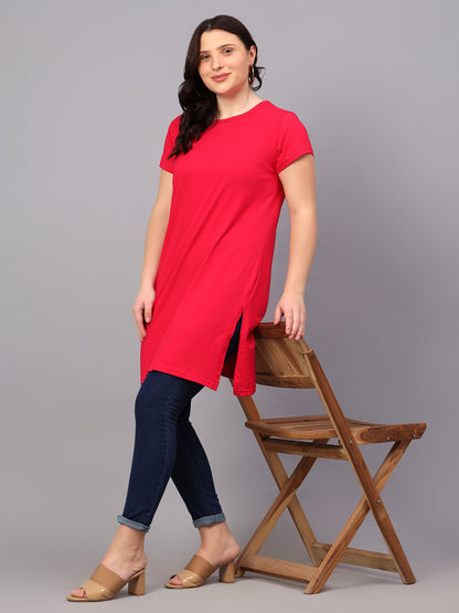 Women's Cotton Plain Round Neck Half Sleeve Long Top