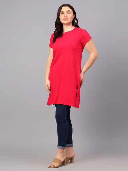 Women's Cotton Plain Round Neck Half Sleeve Long Top