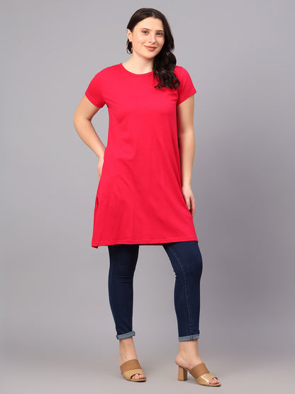 Women's Cotton Plain Round Neck Half Sleeve Long Top