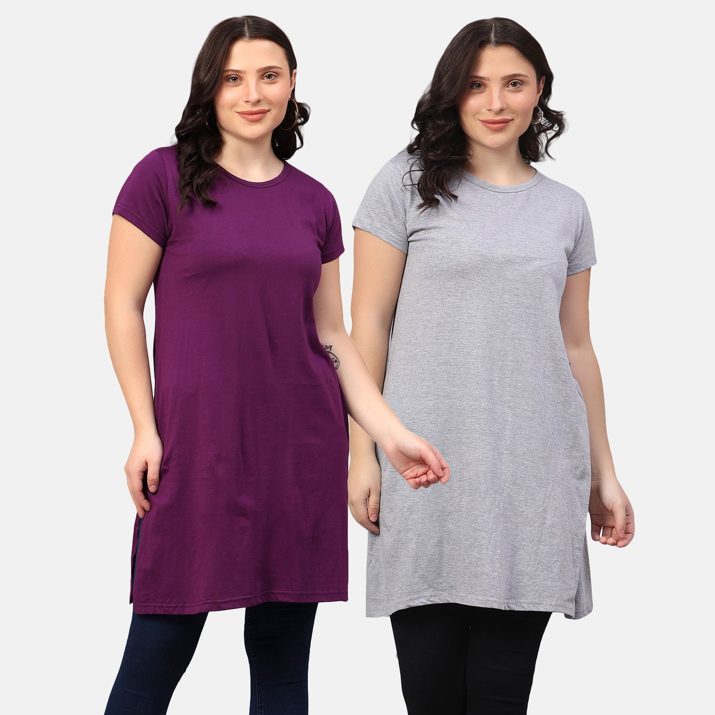 Women's Cotton Plain Round Neck Half Sleeve Long Top (Pack of 2)