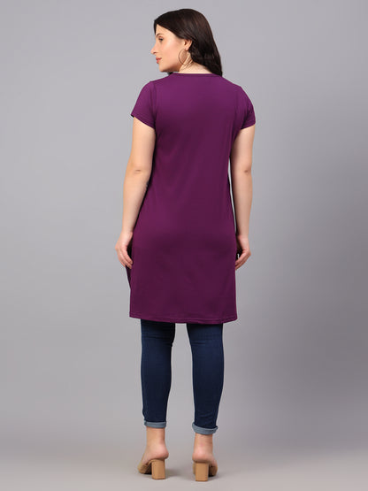 Women's Cotton Plain Round Neck Half Sleeve Long Top