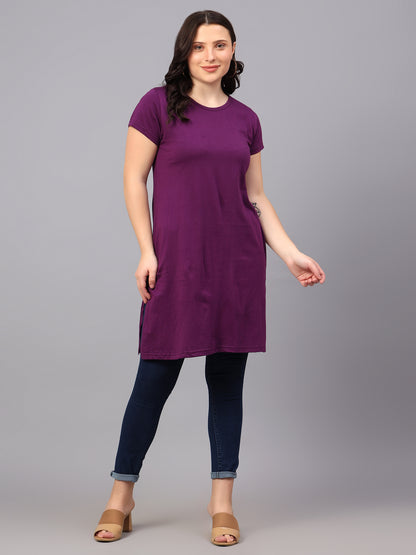 Women's Cotton Plain Round Neck Half Sleeve Long Top