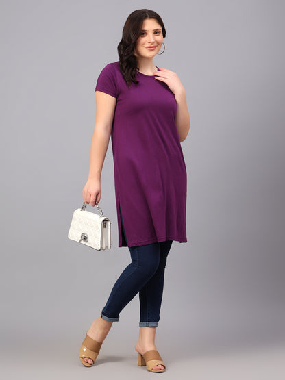 Women's Cotton Plain Round Neck Half Sleeve Long Top