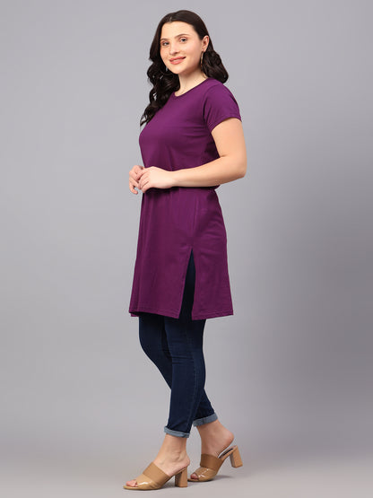 Women's Cotton Plain Round Neck Half Sleeve Long Top