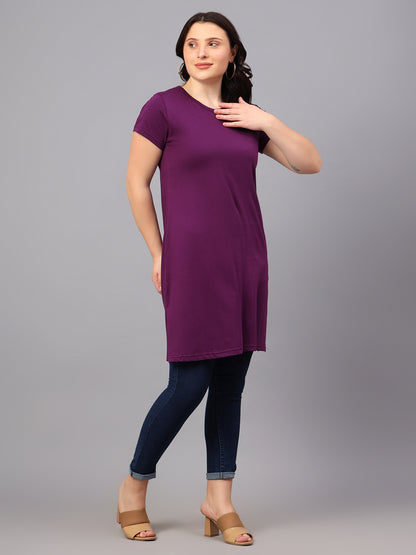 Women's Cotton Plain Round Neck Half Sleeve Long Top