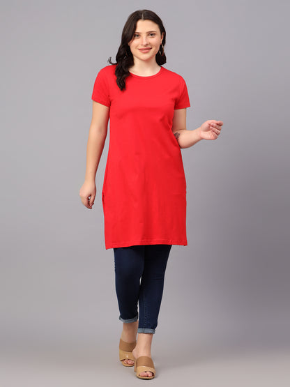 Women's Cotton Plain Round Neck Half Sleeve Long Top