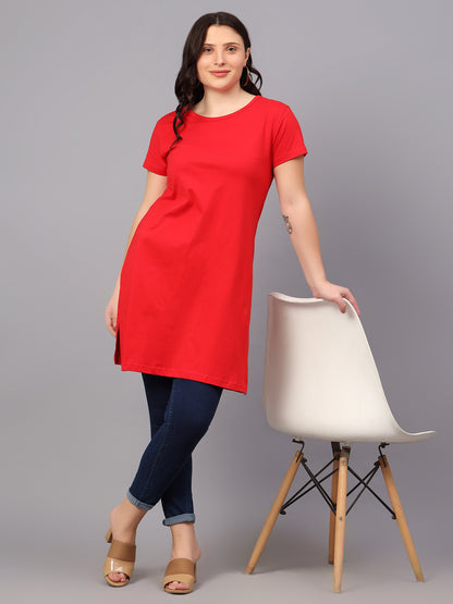 Women's Cotton Plain Round Neck Half Sleeve Long Top