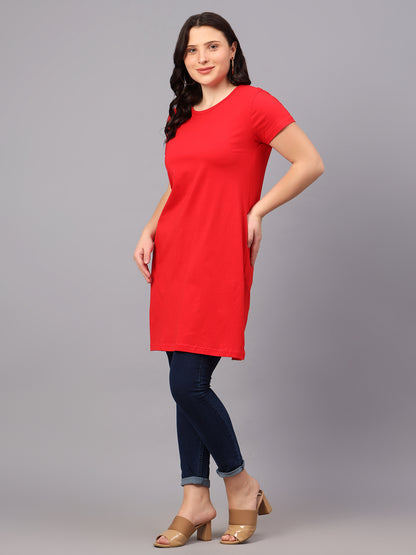 Women's Cotton Plain Round Neck Half Sleeve Long Top