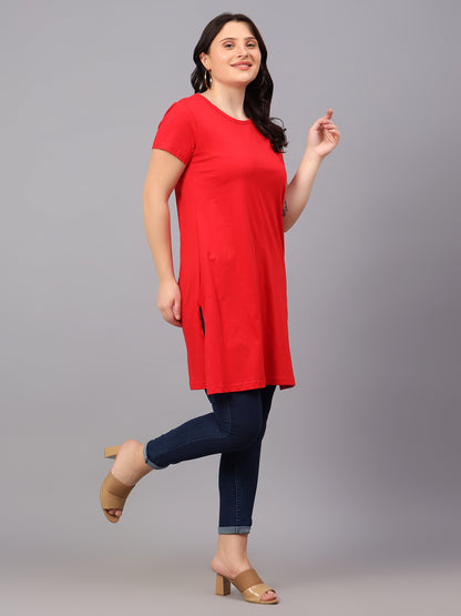 Women's Cotton Plain Round Neck Half Sleeve Long Top