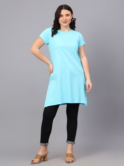 Women's Cotton Plain Round Neck Half Sleeve Long Top