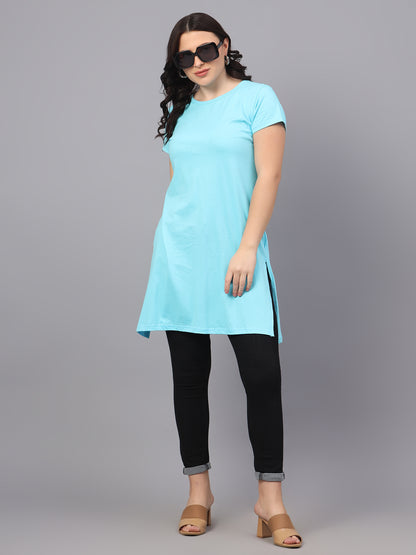 Women's Cotton Plain Round Neck Half Sleeve Long Top