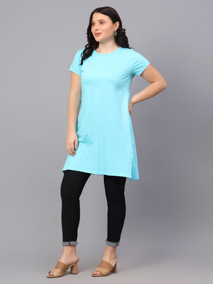 Women's Cotton Plain Round Neck Half Sleeve Long Top