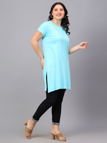 Women's Cotton Plain Round Neck Half Sleeve Long Top