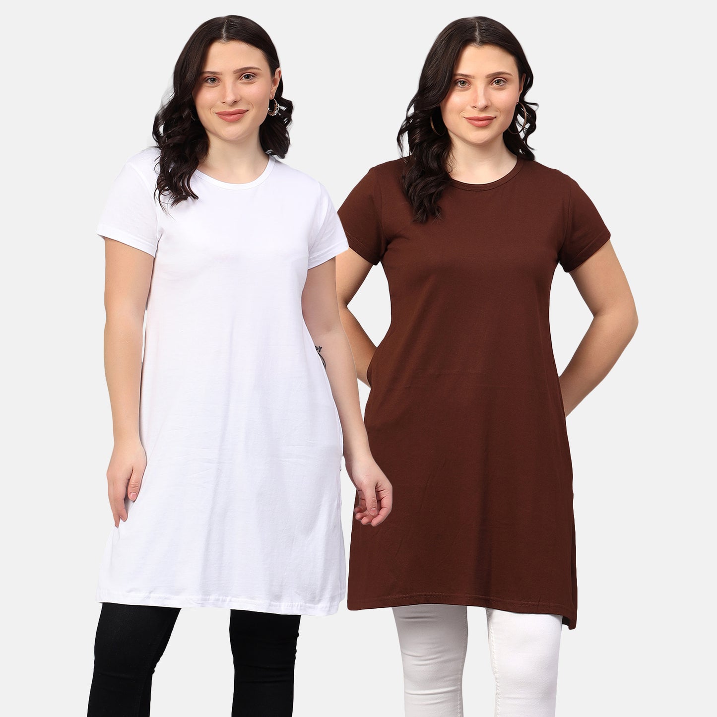 Women's Cotton Plain Round Neck Half Sleeve Long Top (Pack of 2)