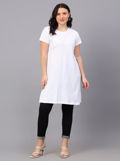 Women's Cotton Plain Round Neck Half Sleeve Long Top