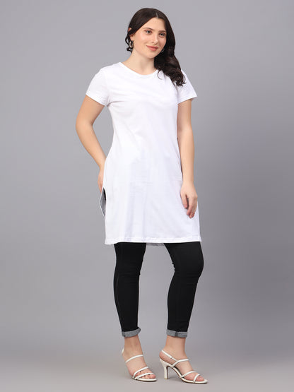 Women's Cotton Plain Round Neck Half Sleeve Long Top