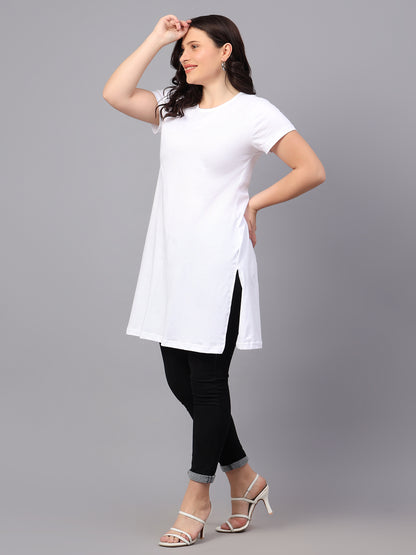 Women's Cotton Plain Round Neck Half Sleeve Long Top