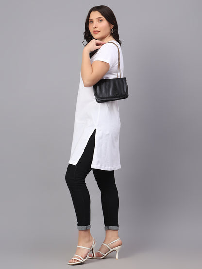 Women's Cotton Plain Round Neck Half Sleeve Long Top