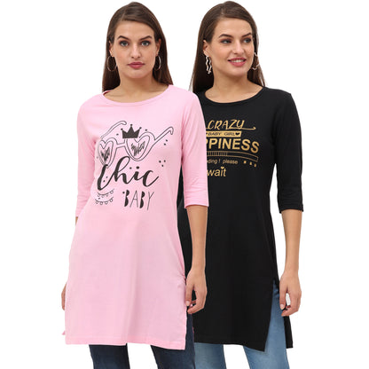 Women's Cotton Printed 3/4 Sleeve Long Top - (Pack of 2)