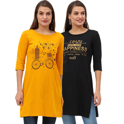 Women's Cotton Printed 3/4 Sleeve Long Top - (Pack of 2)