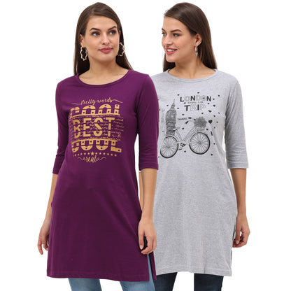 Women's Cotton Printed 3/4 Sleeve Long Top - (Pack of 2)