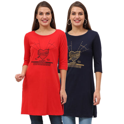Women's Cotton Printed 3/4 Sleeve Long Top - (Pack of 2)