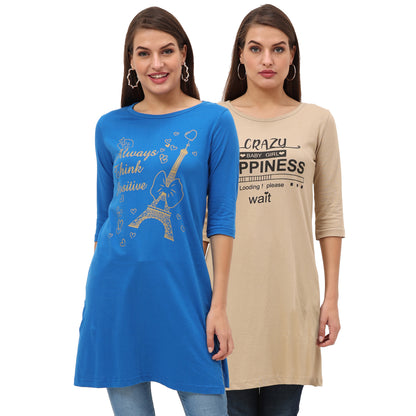 Women's Cotton Printed 3/4 Sleeve Long Top - (Pack of 2)
