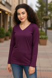 Women's Cotton Plain V Neck Full Sleeve Purple Color T-Shirt