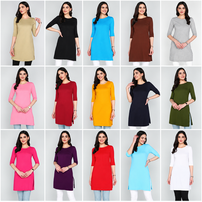 Fleximaa women's plain round-neck three-quarter sleeve long tops in all 15 colours, arranged in three rows of five