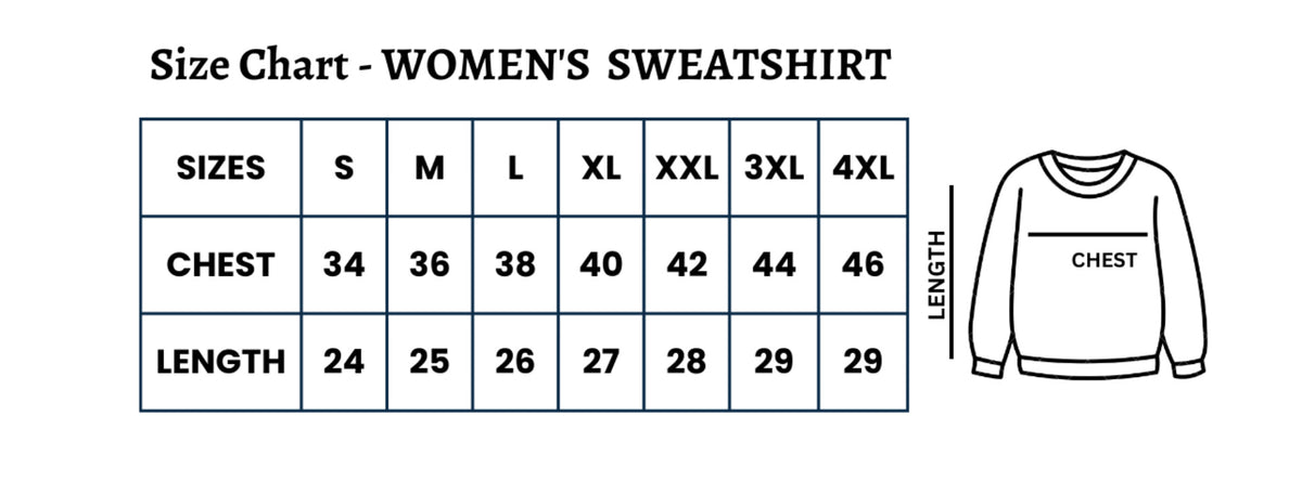 Size guide for Women's Cotton Color Block Full Sleeve Sweatshirt