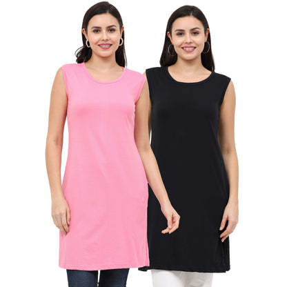 Women's Cotton Plain Sleeveless Long Top Multi Color - (Pack of 2)