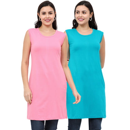 Women's Cotton Plain Sleeveless Long Top Multi Color - (Pack of 2)