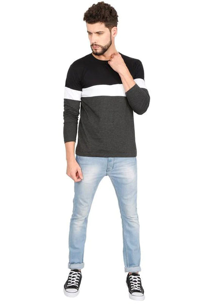 Men's Cotton Color Block Round Neck Full Sleeve T-Shirt