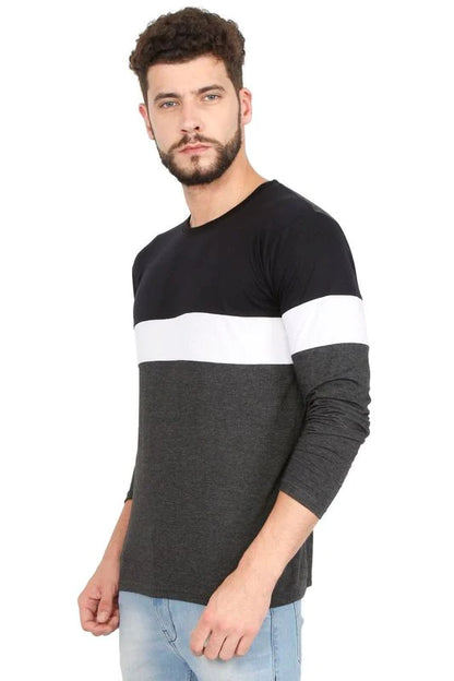 Men's Cotton Color Block Round Neck Full Sleeve T-Shirt