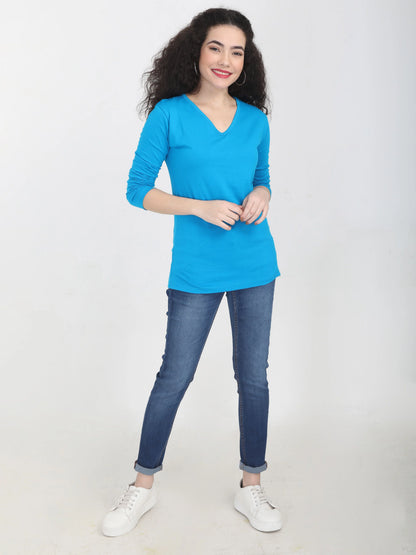Fleximaa Women's Cotton Plain V Neck Full Sleeve T-Shirt - fleximaa-so