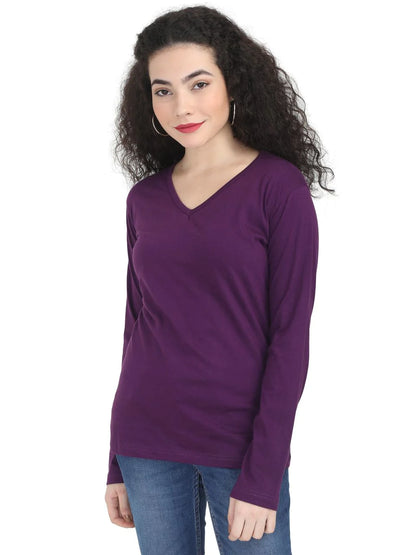 Fleximaa Women's Cotton Plain V Neck Full Sleeve T-Shirt-2 - fleximaa-so