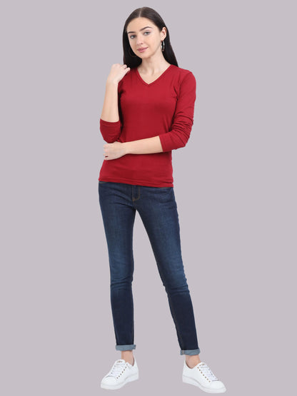 Fleximaa Women's Cotton Plain V Neck Full Sleeve T-Shirt - fleximaa-so