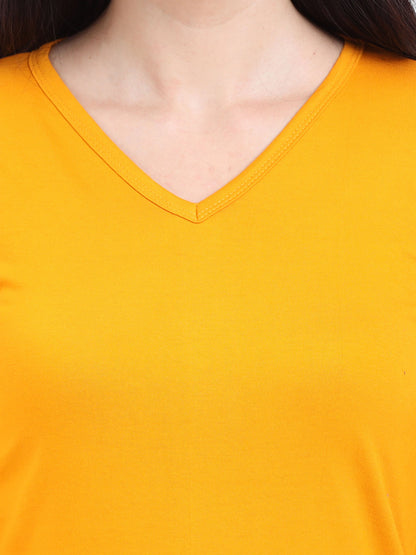 Women's Cotton Plain V Neck Full Sleeve Mustard Yellow Color T-Shirt