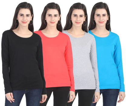 Fleximaa Women's Cotton Plain Round Neck Full Sleeve T-Shirt (Pack of 4) - Fleximaa